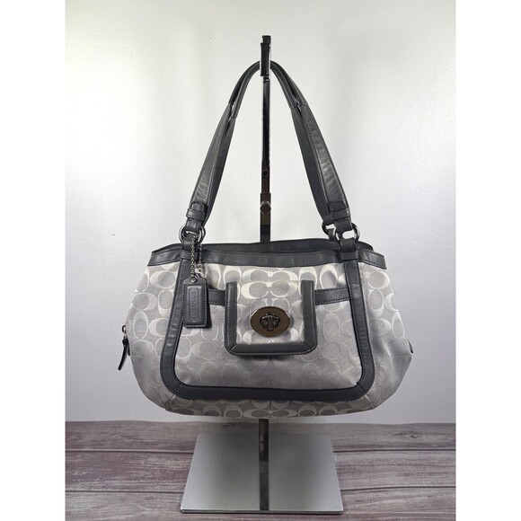 Coach F14934 Cricket Gray Signature Shoulder Bag Purse leather trim Turn Lock - Picture 1 of 16